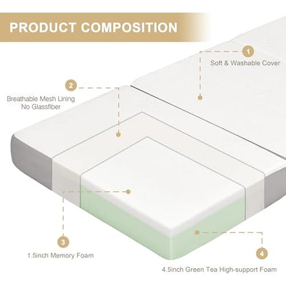 Folding Mattress, 6 Inch Memory Foam Tri-fold Mattress with Breathable & Washable Bamboo Fiber Fabric Cover, Foldable Floor Guest Bed for Camping, Road Trip, Twin