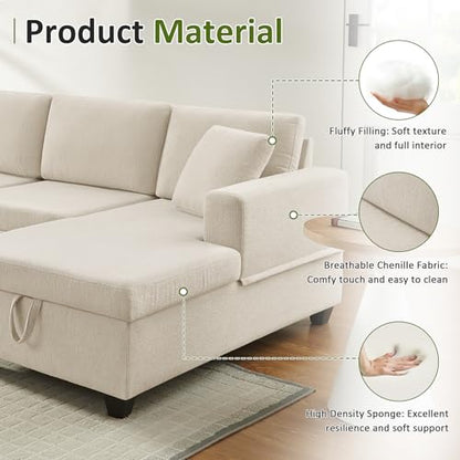 U Shaped Sectional Sleeper Sofa with Pull Out Bed, 113" Modular Sectional Sofa with Storage Chenille Couches for Living Room, Apartment, Office, Beige