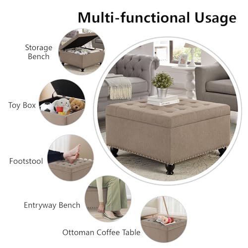 Oversized Square Ottoman Storage Bench for Living Room Bedroom Large Ottoman Coffee Table with Rubber Wood Legs, Linen Fabric Upholstered Foot Stool Foot Rest for Couch Sofa, Light Brown