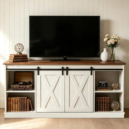 Farmhouse TV Stand 65 Inch, Wooden Entertainment Center, White, view 2