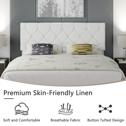 Full Bed Frame with Upholstered Tufted Headboard, Pure White, view 6