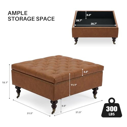 Large Square Storage Ottoman Uphlostered Tufted Button Coffee Table, Oversized Footrest Bench with Castered Rolling Wheels for Living Room, Brown Faux Leather