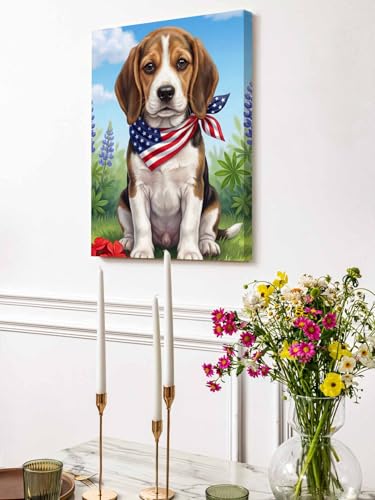 NuYeBiofx Independence Day USA Flag 4th of July Farm Flower Dog Canvas Wall Art Prints,48"x32" Framed Picture Artwork Printed Canvas Oil Painting for Living Room Bedroom Office,Ready to Hang