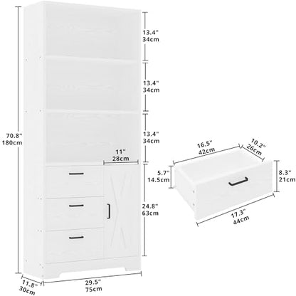 Bookshelf with Doors and 3 Drawers 71 in Tall Bookcase with 3-Tier Shelves, Industrial Book Shelf with Storage for Living Room Entrance Hallway Home Office, White