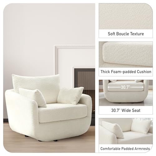 360° Swivel Accent Armchair, 39.3" Oversized, Sherpa Boucle Fabric Sofa Chair with Removable Back & Arm Pillows, Swivel Chair with Cozy Soft Padded (1, Cream White)