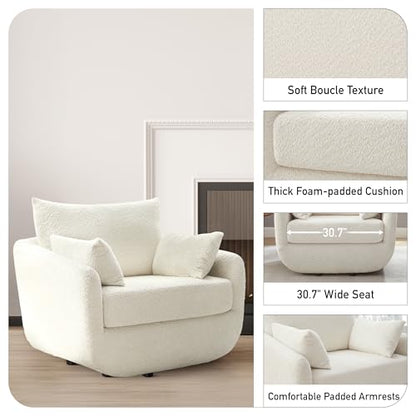 360° Swivel Accent Armchair, 39.3" Oversized, Sherpa Boucle Fabric Sofa Chair with Removable Back & Arm Pillows, Swivel Chair with Cozy Soft Padded (1, Cream White)