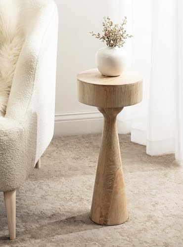 Solbrett Transitional Sophisticated Round Drink Table; 10 x 10 x 22; Natural Wood; Sculptural Bedroom Nightstand with Unique Pedestal Table Design for Use as Indoor Plant Stand