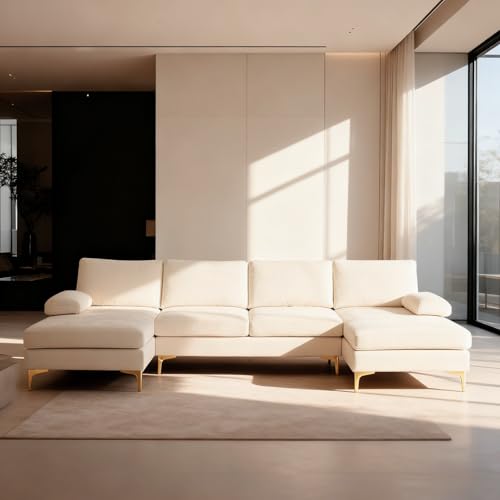 110" Sectional Sofa U-Shaped 4-Seat Couch, Beige | Double Chaise, Chenille Fabric Upholstered, Metal Legs, Room Divider, For Living Room, Apartment, Office, Studio