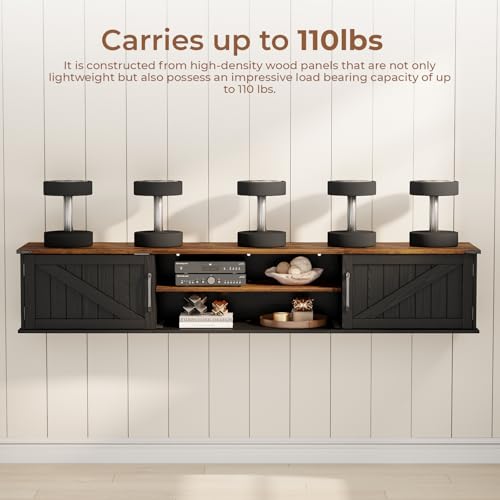63" Farmhouse Floating TV Stand with Doors for TVs up to 80", Black, view 6