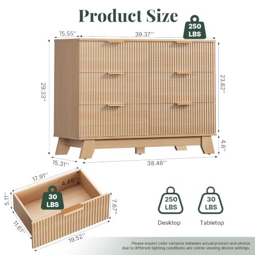 6 Drawer Dresser for Bedroom, Fluted 39.4" Wide Chest of Drawers, Wooden Dresser, view 3