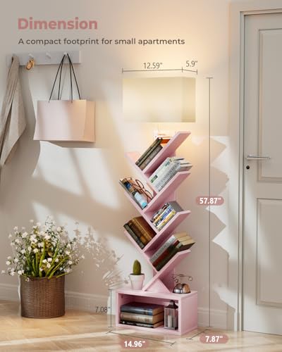6 Tier Tree Bookshelf with Light, Narrow Bookcase Tower, Tall Floor Standing Book Shelf Organizer with Storage Cabinet for Living Room, Bedroom and Home Office, Pink