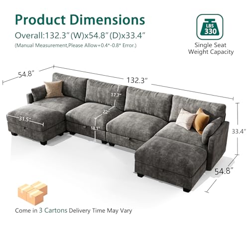 Modular Sectional U Shaped Sofa Couches for Living Room, Cloud Couch with Storage Ottoman, Comfy Chenille Sofa with Pillow, Dark Gray