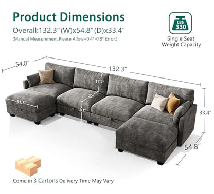 Modular Sectional U Shaped Sofa Couches for Living Room, Cloud Couch with Storage Ottoman, Comfy Chenille Sofa with Pillow, Dark Gray