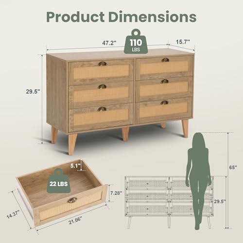 47.2-Inch Rattan Sideboard Buffet Cabinet, 6 Drawers, Natural, view 3