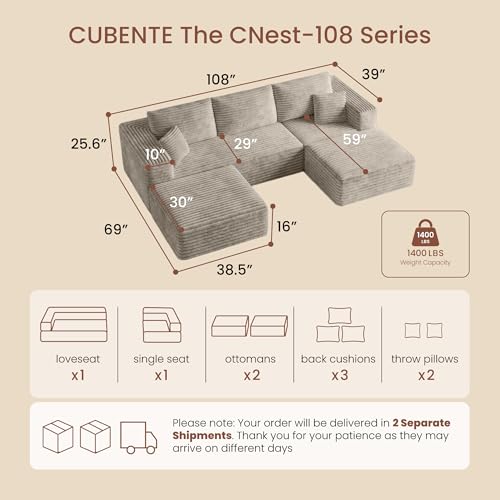 108" Boneless Couch for Living Room, Modular Sectional Sofa with Dual Ottomans, Fluffy Corduroy Floor Couch with Deep Seat, Modern U-Shaped Couch No Assembly Required | Oatmeal