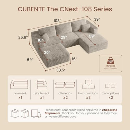 108" Boneless Couch for Living Room, Modular Sectional Sofa with Dual Ottomans, Fluffy Corduroy Floor Couch with Deep Seat, Modern U-Shaped Couch No Assembly Required | Oatmeal