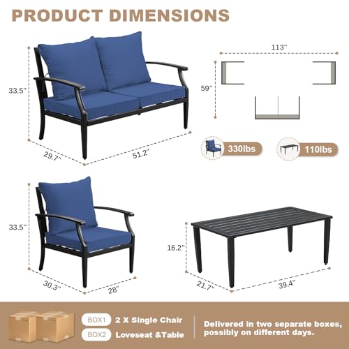 4-Piece Patio Furniture Set, Wider Outdoor Metal Seating Sofa with High Back & Loveseat, Coffee Table, All Weather Metal Conversation Set for Backyard, Poolside, Deck-Navy