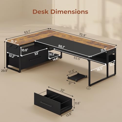 71" Executive Desk, Large Office Desk with Widen File Drawers & Power Outlets, Reversible L Shaped Computer Desk Corner Desk with Storage Shelves, CPU Stand, Hooks, Business Furniture