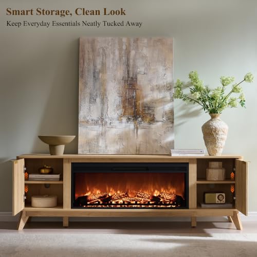 70" Fluted Fireplace TV Stand with 36" Electric Fireplace, Natural Oak, view 6