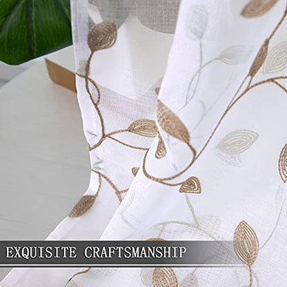 Tollpiz Leaves Sheer Curtain Taupe Leaf Embroidery Bedroom Curtains Rod Pocket Voile Faux Linen Embroidered Leaves Curtain for Living Room, 54 x 84 inches Long, Set of 2 Panels