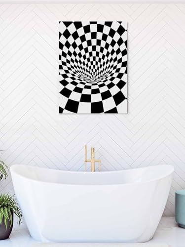 NuYeBiofx 3D Checkerboard Tunnel Canvas Wall Art Prints,40"x28" Framed Picture Artwork Black White Optical Illusion Printed Canvas Oil Painting for Living Room Bedroom Office,Ready to Hang