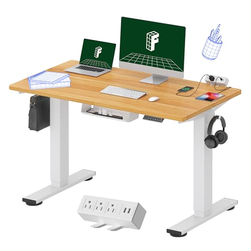FLEXISPOT EN2 Whole-Piece Standing Desk with Clamp Power Strip, 48 x 24 Electric Height Adjustable Desk with Cable Management for Workstation (White Frame + 48" Maple Top)