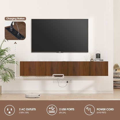 71” Floating TV Stand with LED Lights & Charging Station, view 4