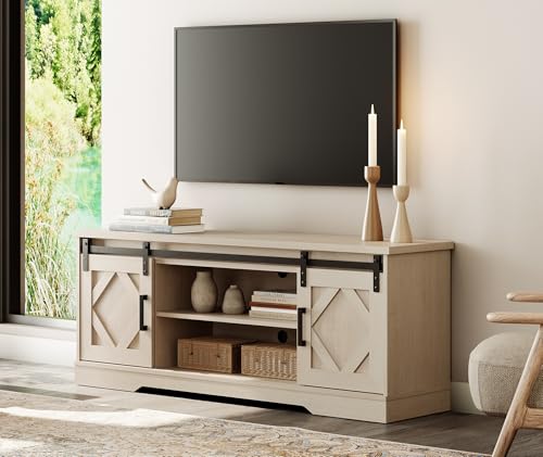 23.6"H Farmhouse TV Stand for 65" TV with Barn Doors& Hidden Storage | 59.1" W Rustic Country-Style TV Cabinet with Smooth Barn Door Slides,Holds 100+ CDs,Height-Adjustable Media Shelf