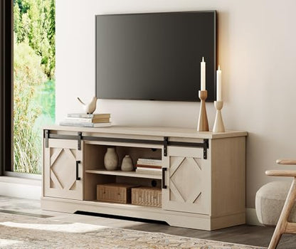 23.6"H Farmhouse TV Stand for 65" TV with Barn Doors& Hidden Storage | 59.1" W Rustic Country-Style TV Cabinet with Smooth Barn Door Slides,Holds 100+ CDs,Height-Adjustable Media Shelf