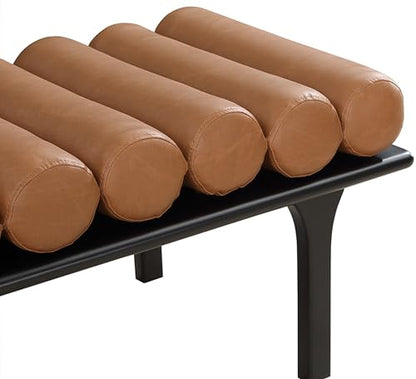 Meridian Furniture 22008Cognac Landon Collection Art Deco Bench with Soft Vintage Cognac Vegan Leather and Solid Wood with Black Finish, 60.5" W x 19.5" D x 18.5" H, Cognac