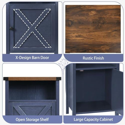 Navy blue farmhouse nightstand with barn door and shelf, view 5