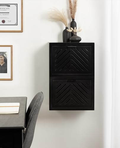 Mezzeta Modern Floating Shelf Side Table with Storage Cubby; 16 x 10 x 12; Black; Decorative Slatted Wood Floating Nightstand with Pull Down Door for Use as Bathroom Storage