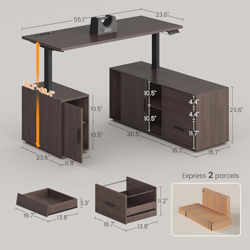 L Shaped Electric Standing Desk with 3 Drawers and Power Outlet, view 3