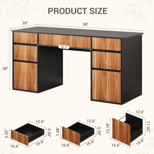 Desk with Drawers, 58 Inch Executive Office Desk with File Drawer, Black, view 3