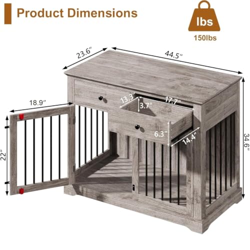 Large Dog Crate Furniture with 2 Drawers, 44 Inch Wooden Dog Kennel Indoor, view 3