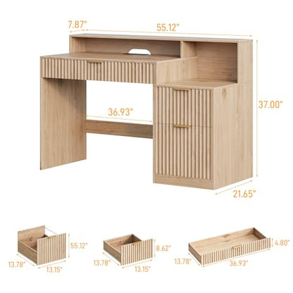 Fluted Computer Desk with Drawers, Home Office Desk with Power Outlets, Printer Stand and Storage Cabinet, Study Writing Desks with Long Monitor Stand, Oak