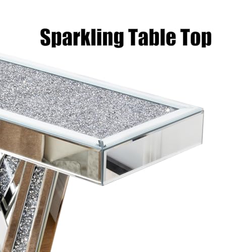 Silver Modern Console Table Mirrored, Glass Sofa Table Inlay with Crushed Crystals, 35-Inch Entryway Table with W-Shaped Base, Rectangular Accent Foyer Table for Living Room Hallway Entrance