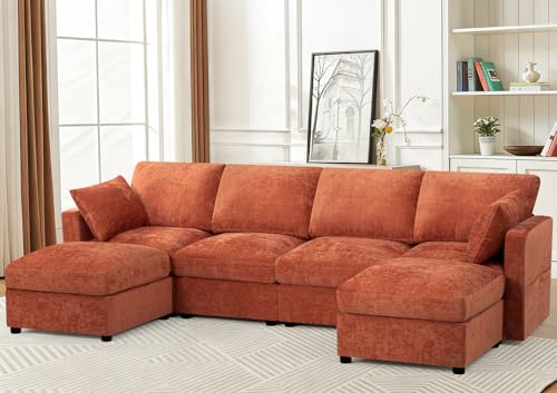 110” Chenille 4-Seats Sofa W/Two Movable Ottomans, Orange | Modern Fabric U-Shaped Couch w/Soft Backrests, Upholstered Sectional Sofa w/Arm Pillows for Living Room, Office