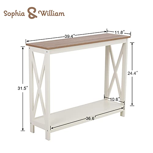 Farmhouse Console Table with Storage Shelf, 2 Tier Sofa Table for Entryway, Hallway, Living Room, Ivory