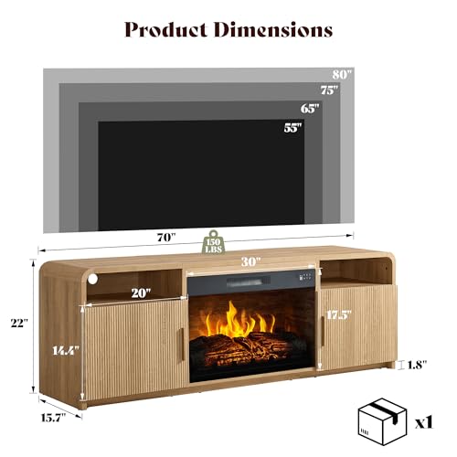 70" Fluted Fireplace TV Stand with 30" Electric Fireplace, view 3