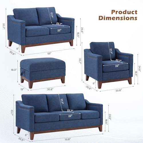 Modern 3 Piece Sofa Set with Rivets, Included Fabric Accent Chair, Upholstered 3-Seater Couches with Solid Wood Legs and Storage Ottoman, Living Room Furniture Set,Blue