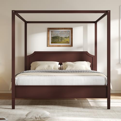 Queen Size Canopy Bed with Headboard and Support Legs, Walnut, view 2