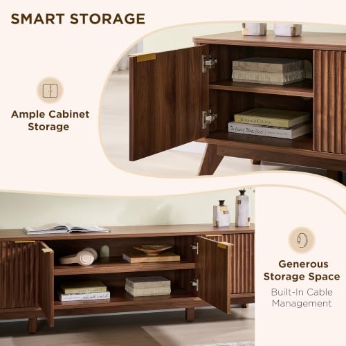 70" Mid Century Modern Fluted TV Stand,4-Door Storage, Light Walnut, view 7