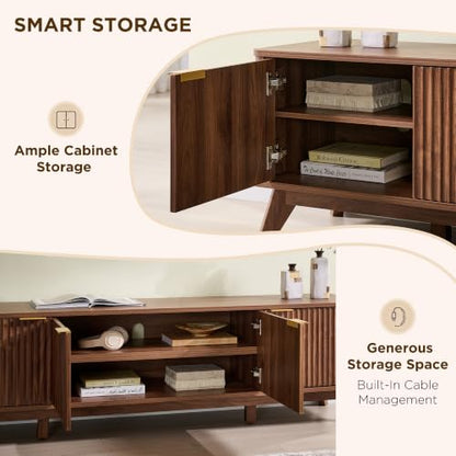 70" Mid Century Modern Fluted TV Stand,4-Door Storage, Light Walnut, view 7
