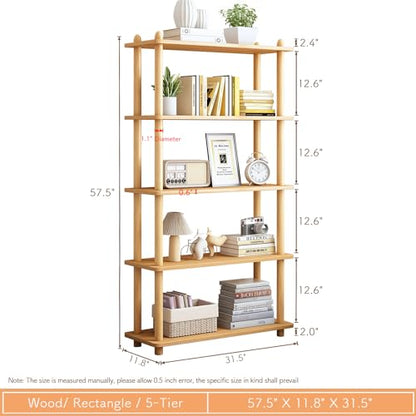 IOTXY 5-Tier Wooden Shelf Bookcase, Freestanding Open Bookshelf, Oak | Beech Wood Frame, 0.63" Shelves, Books, Plants, Decor, Living Room, Bedroom, Home Office