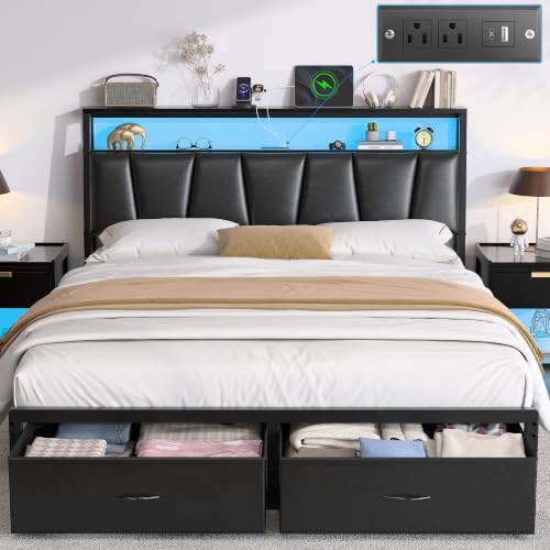 Queen Bed Frame with 2-Tier Storage Headboard and 2 Drawers,Black, view 2