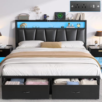 Queen Bed Frame with 2-Tier Storage Headboard and 2 Drawers,Black, view 2