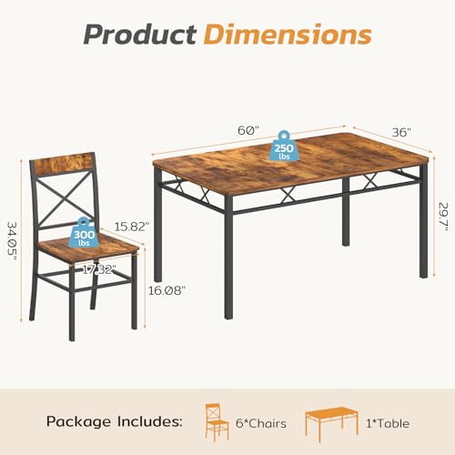 7-Piece Dining Table Set, Kitchen Table Chairs Set of 6, Dining Room Sets for 6, Farmhouse Dining Table Set with 6 X-Shaped Curved Backrest Chairs, for Kitchen & Living Room-Rustic Brown