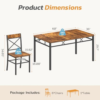7-Piece Dining Table Set, Kitchen Table Chairs Set of 6, Dining Room Sets for 6, Farmhouse Dining Table Set with 6 X-Shaped Curved Backrest Chairs, for Kitchen & Living Room-Rustic Brown