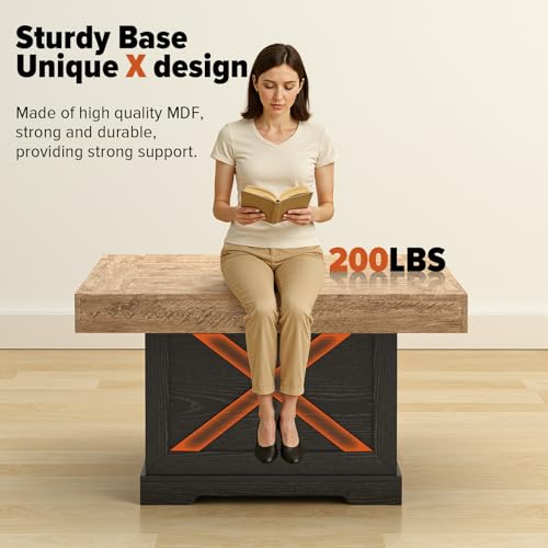 31.5 in Rustic Coffee Table for Living Room with X-Design, Square | Farmhouse Center Table, Wooden Pedestal, Small Space, Home Office Tea Accent Table for Apartment, Easy Assembly, Dark Oak